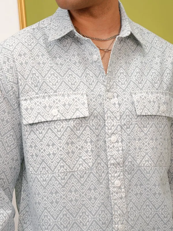 Locomotive Premium Men Grey Printed Oversized Fit Overshirt