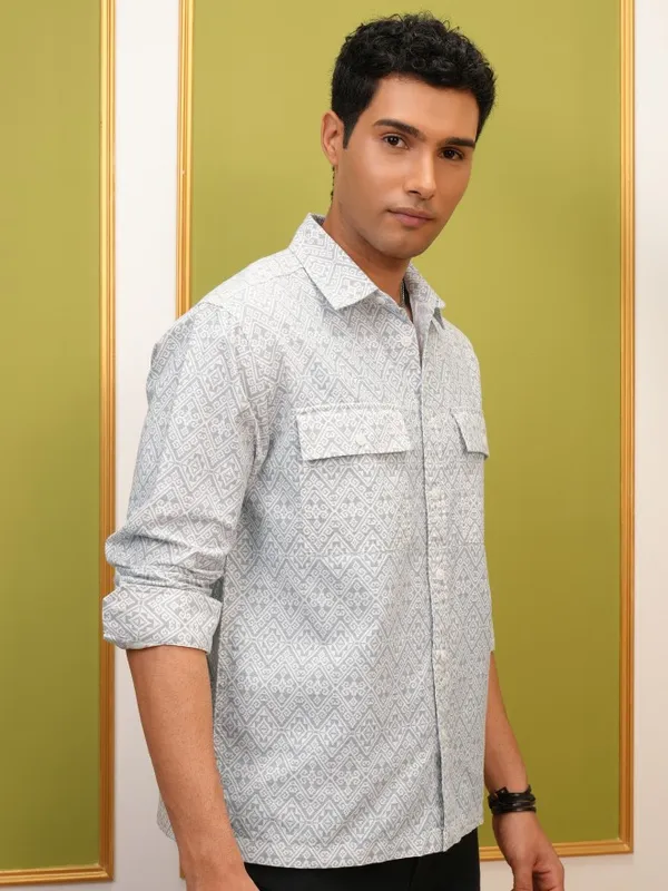 Locomotive Premium Men Grey Printed Oversized Fit Overshirt
