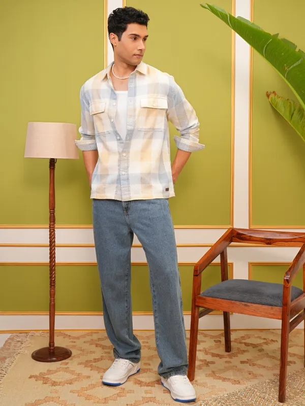 Locomotive Premium Men Yellow Checked Oversized Fit Overshirt
