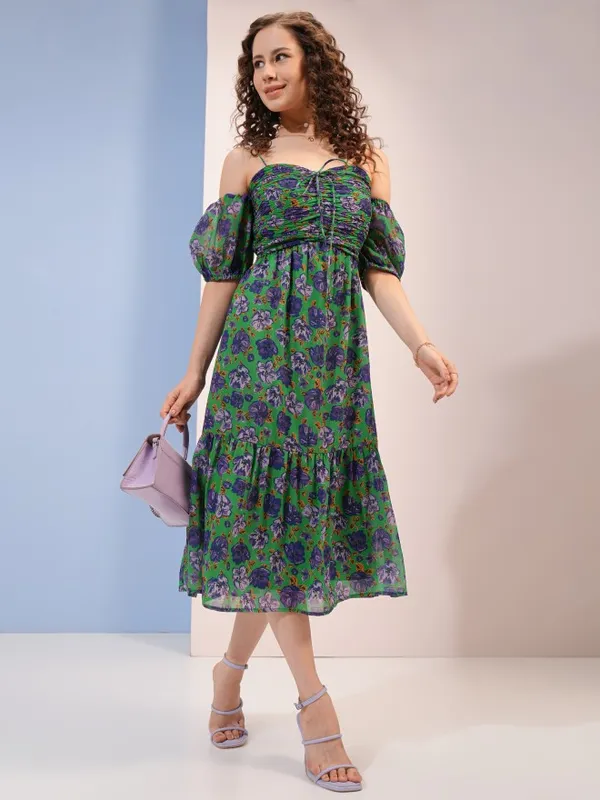 Tokyo Talkies Women Green Printed A-Line Dress