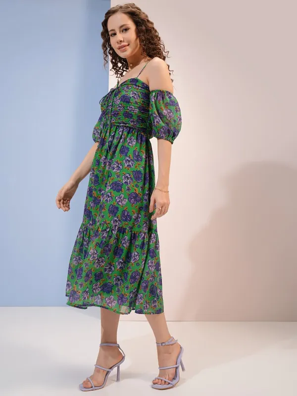 Tokyo Talkies Women Green Printed A-Line Dress