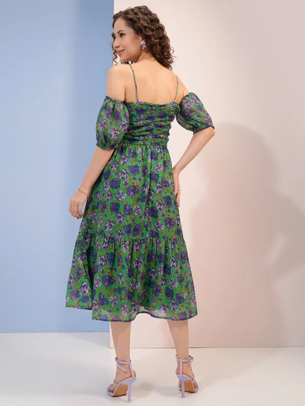 Tokyo Talkies Women Green Printed A-Line Dress