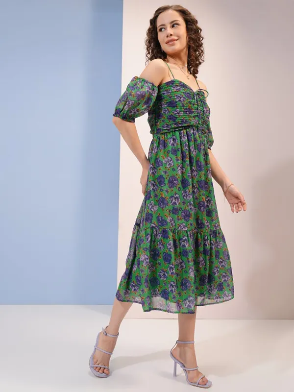 Tokyo Talkies Women Green Printed A-Line Dress