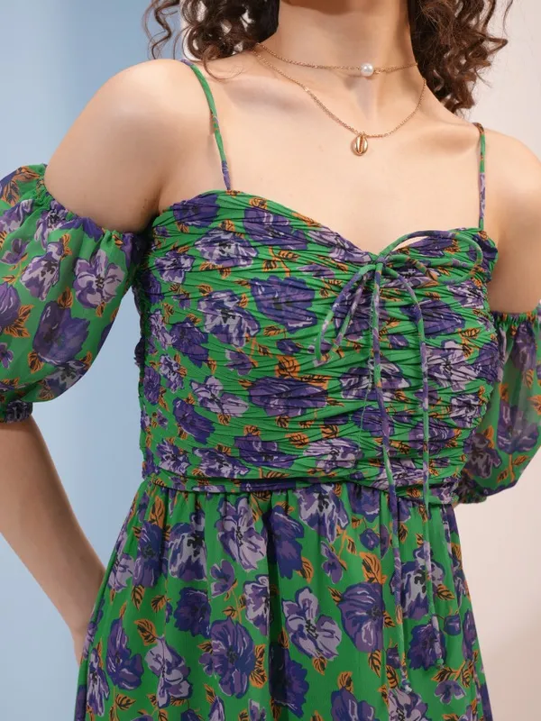 Tokyo Talkies Women Green Printed A-Line Dress