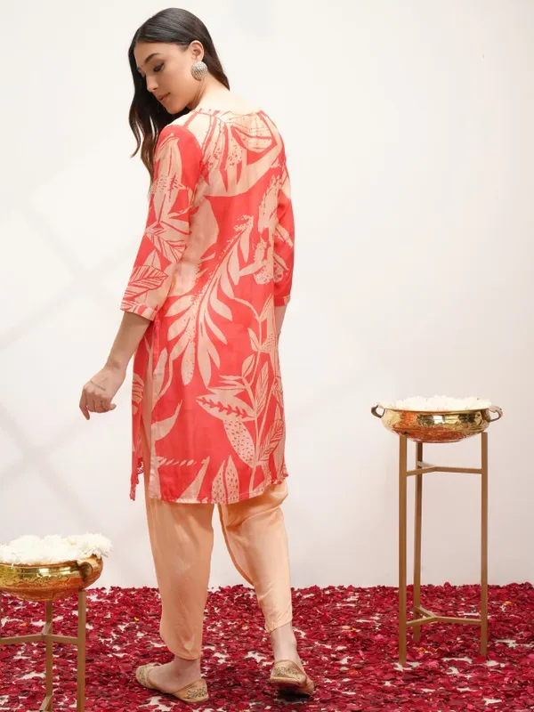 Vishudh Women Peach Printed Kurta With Dhoti Pant