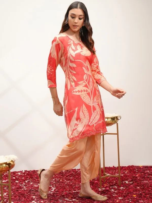 Vishudh Women Peach Printed Kurta With Dhoti Pant