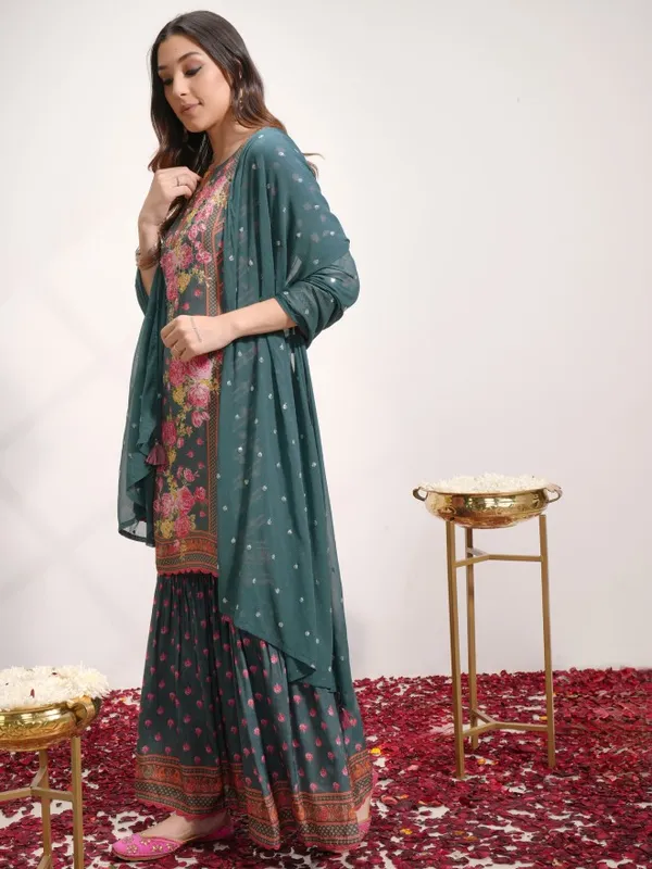 Vishudh Women Green Printed Kurta With Sharara And Dupatta