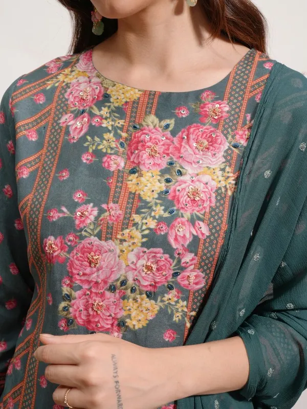 Vishudh Women Green Printed Kurta With Sharara And Dupatta