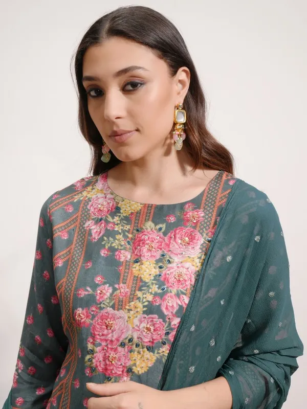 Vishudh Women Green Printed Kurta With Sharara And Dupatta