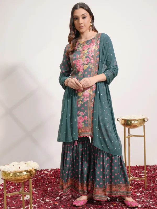 Vishudh Women Green Printed Kurta With Sharara And Dupatta