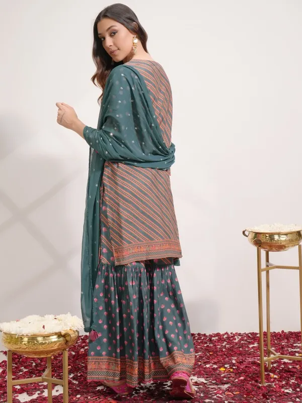 Vishudh Women Green Printed Kurta With Sharara And Dupatta