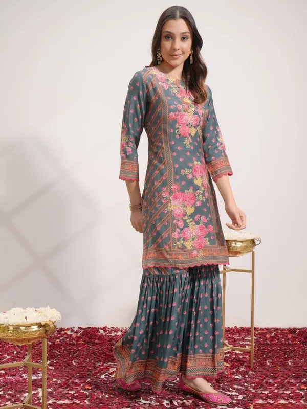 Vishudh Women Green Printed Kurta With Sharara And Dupatta