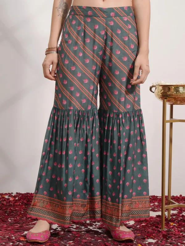 Vishudh Women Green Printed Kurta With Sharara And Dupatta