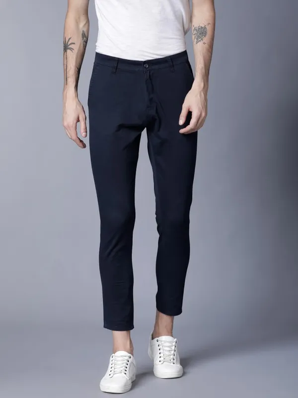  Highlander Men Navy Blue Tapered Fit Solid Casual Trousers