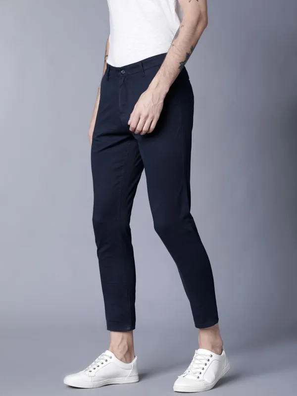  Highlander Men Navy Blue Tapered Fit Solid Casual Trousers