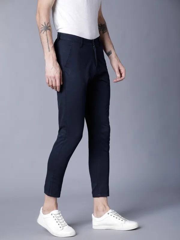  Highlander Men Navy Blue Tapered Fit Solid Casual Trousers