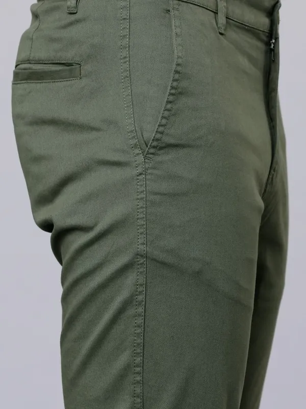  Highlander Men Olive Slim Fit Solid Casual Trousers