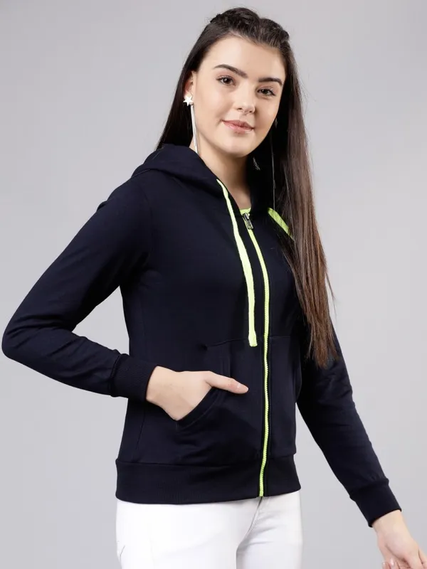  Tokyo Talkies Women Navy Blue Solid Front-Open Sweatshirts