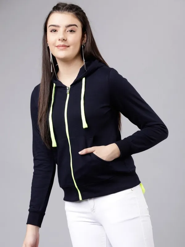  Tokyo Talkies Women Navy Blue Solid Front-Open Sweatshirts