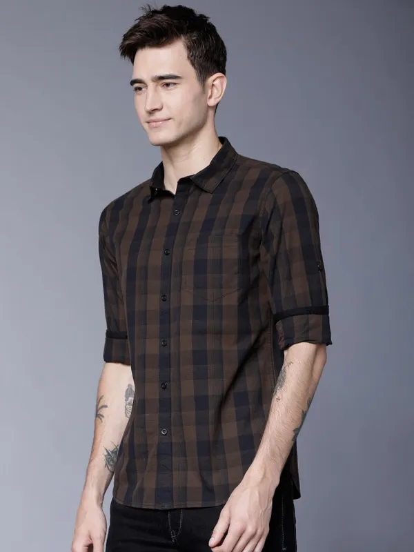 Buy Highlander Brown/Black Slim Fit Checked Casual Shirt for Men