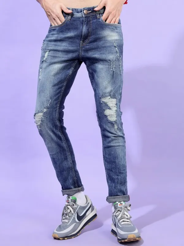  Locomotive Men Blue Slim Fit Highly Distressed Jeans