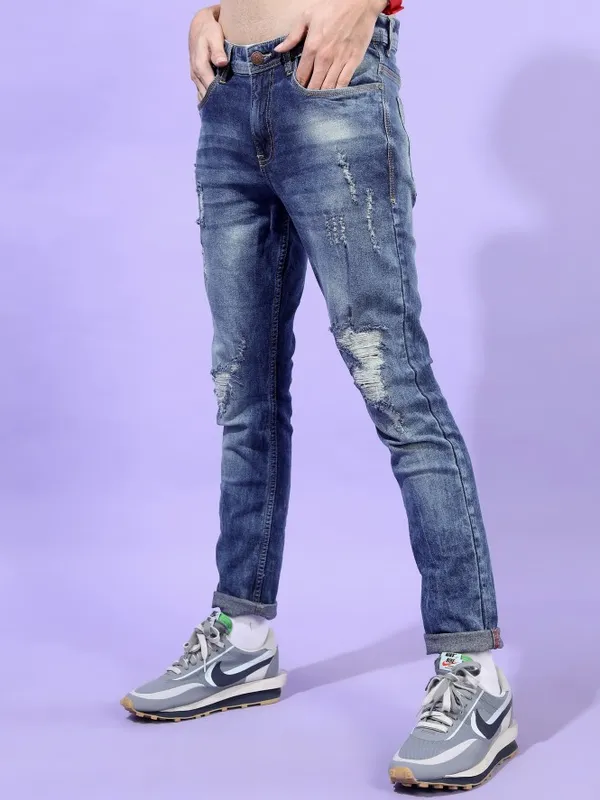  Locomotive Men Blue Slim Fit Highly Distressed Jeans