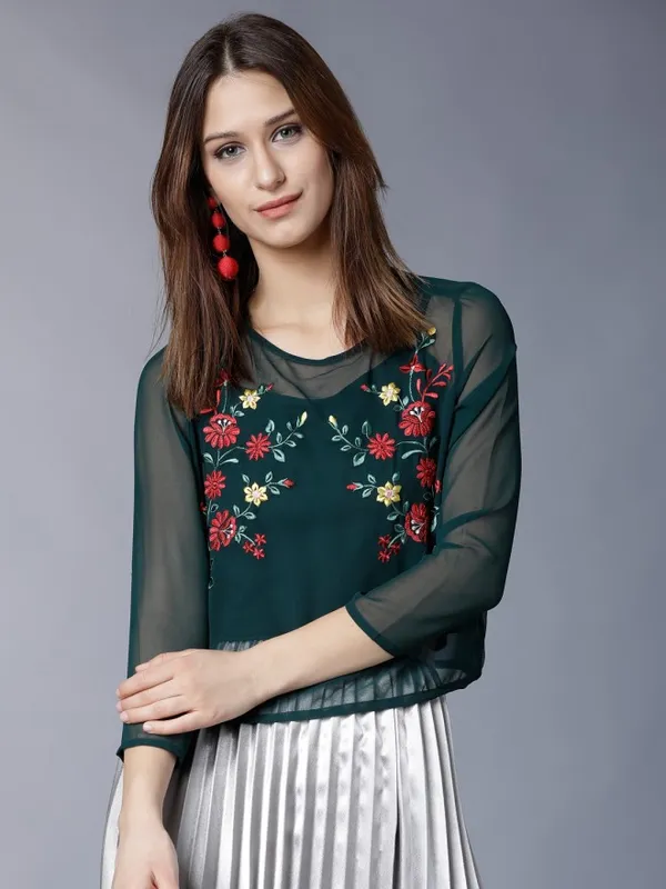  Tokyo Talkies Women Green Embroidered Regular Tops