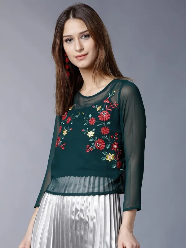  Tokyo Talkies Women Green Embroidered Regular Tops