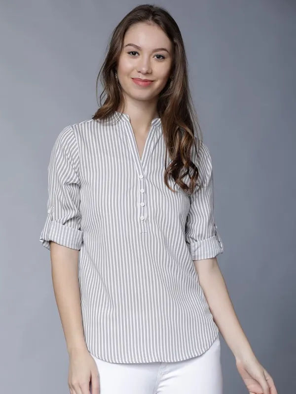  Tokyo Talkies Women Grey Striped Regular Tops