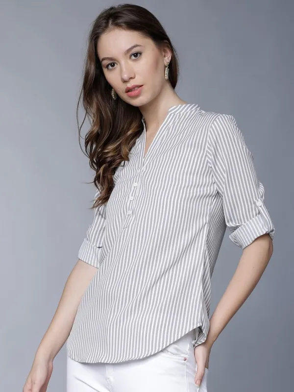  Tokyo Talkies Women Grey Striped Regular Tops