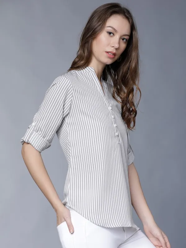  Tokyo Talkies Women Grey Striped Regular Tops