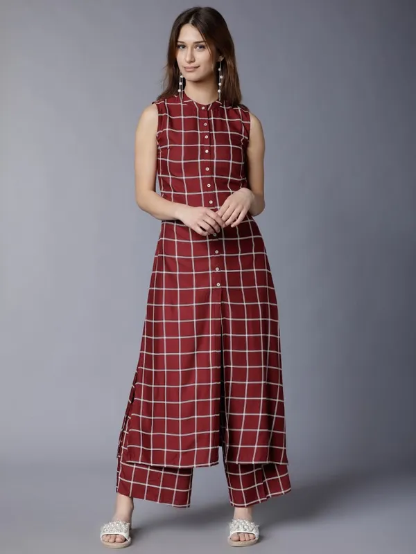  Vishudh Women Maroon Checked Kurta Sets