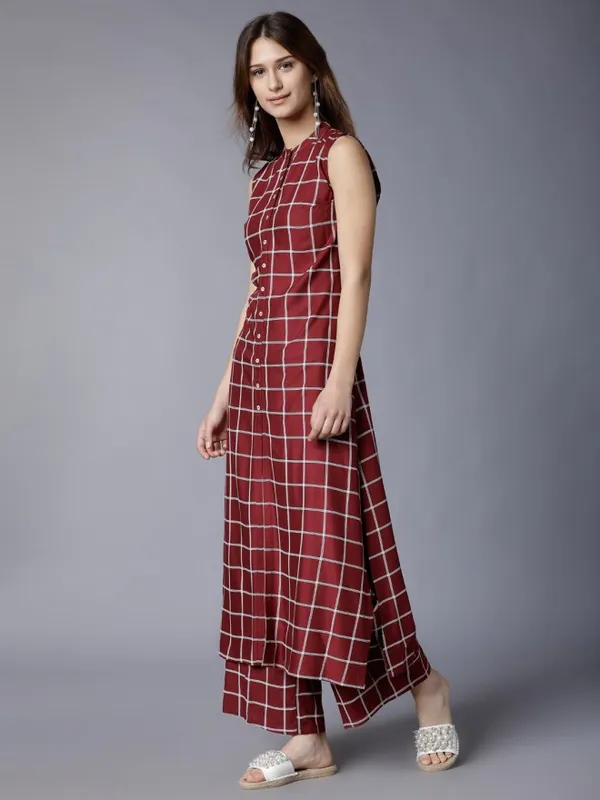  Vishudh Women Maroon Checked Kurta Sets