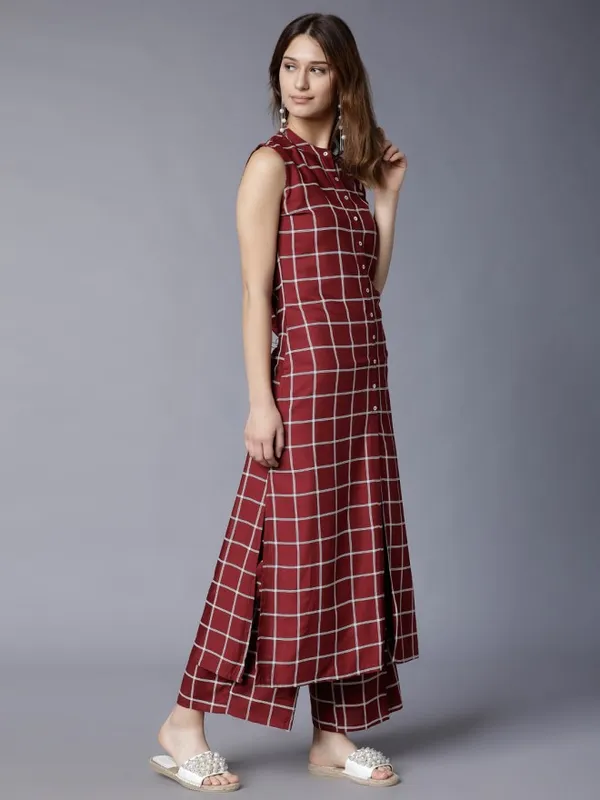  Vishudh Women Maroon Checked Kurta Sets