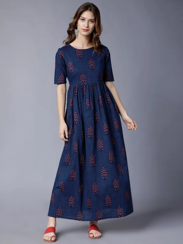  Vishudh Women Navy Blue Printed Maxi Ethnic Dresses