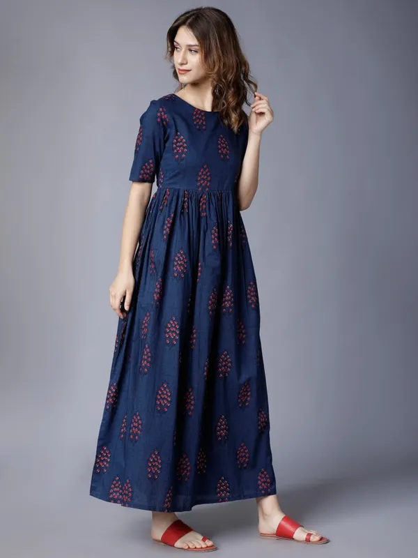  Vishudh Women Navy Blue Printed Maxi Ethnic Dresses