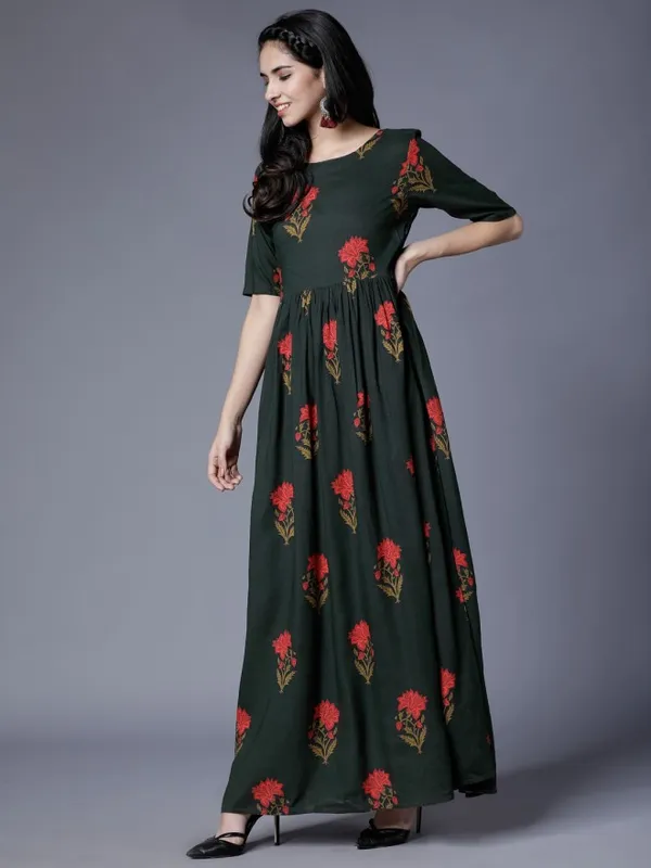  Vishudh Women Olive Printed Maxi Ethnic Dresses
