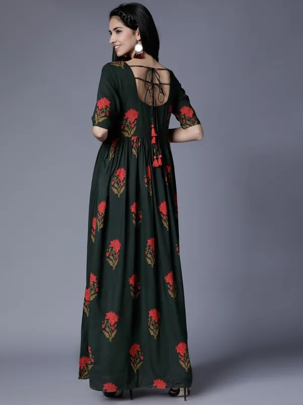  Vishudh Women Olive Printed Maxi Ethnic Dresses