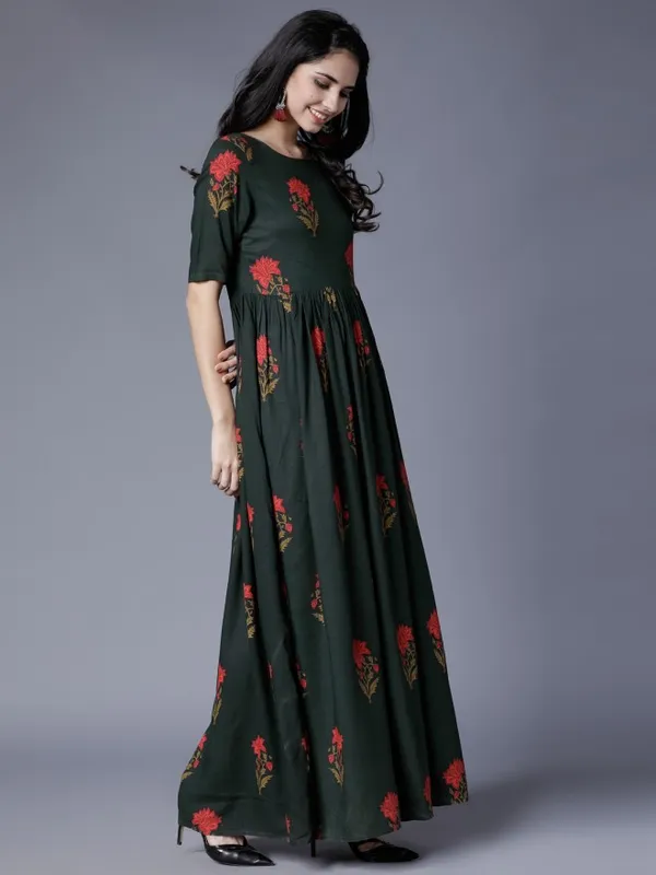  Vishudh Women Olive Printed Maxi Ethnic Dresses