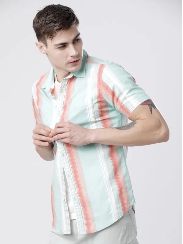  Locomotive Men Blue Striped Slim Fit Casual Shirts