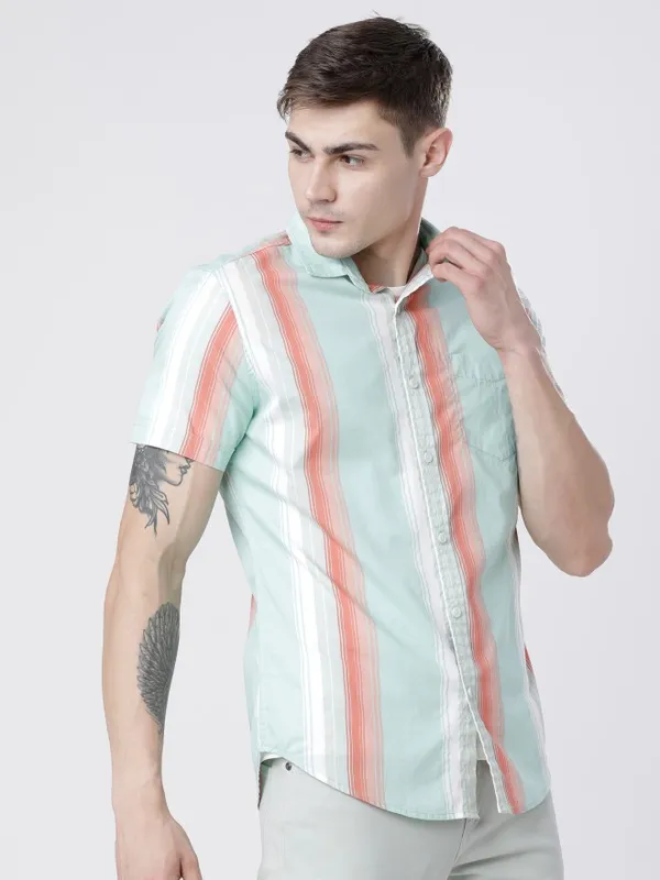  Locomotive Men Blue Striped Slim Fit Casual Shirts