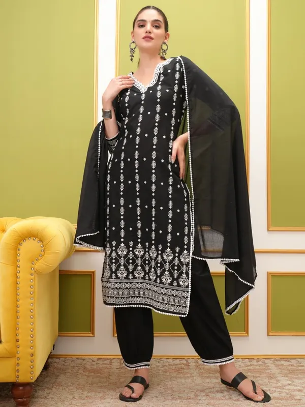 Vishudh Women Black Embroidered Kurta With Trouser And Dupatta