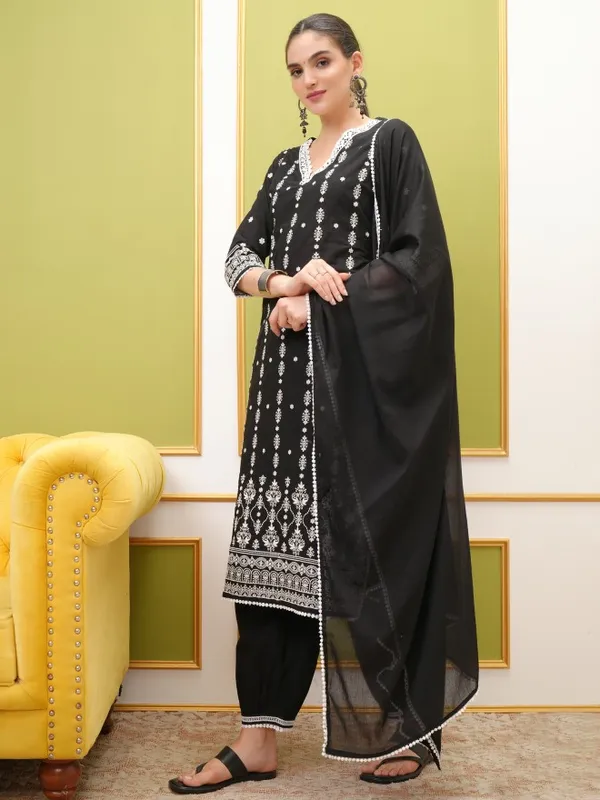 Vishudh Women Black Embroidered Kurta With Trouser And Dupatta