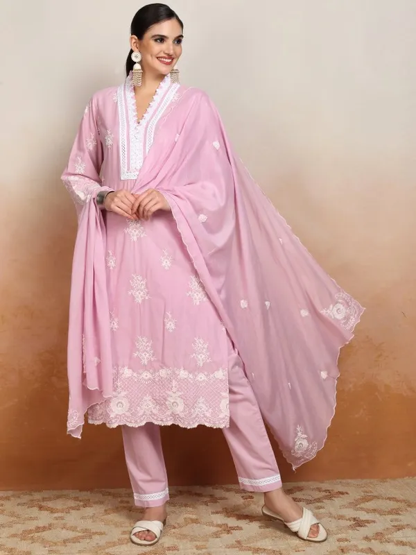Vishudh Women Pink Embroidered Kurta With Trousers And Dupatta