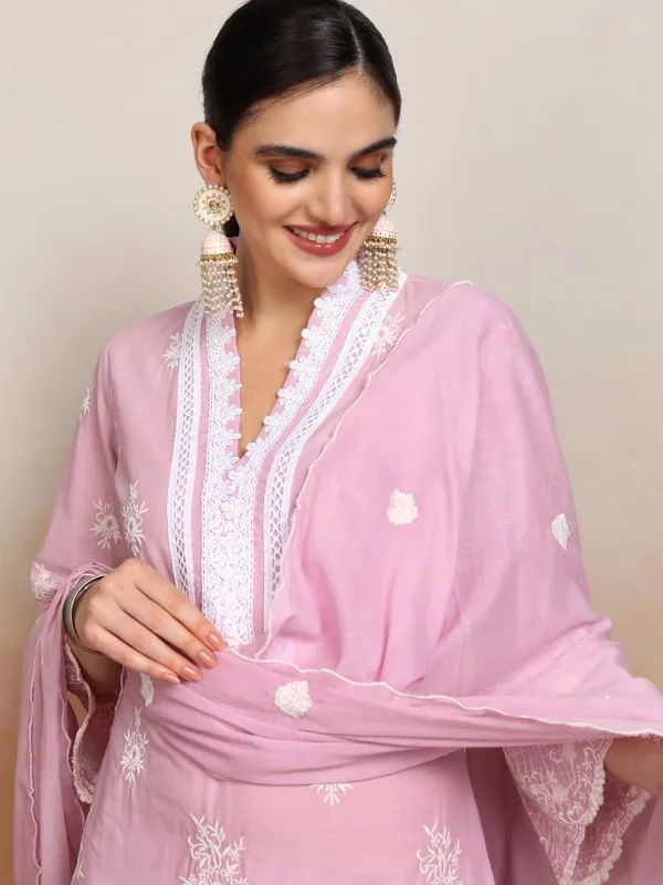 Vishudh Women Pink Embroidered Kurta With Trousers And Dupatta
