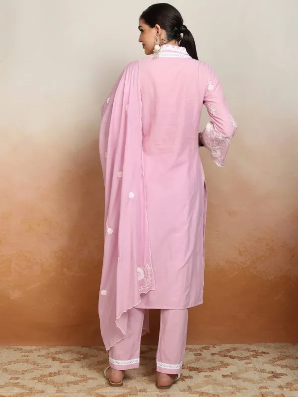Vishudh Women Pink Embroidered Kurta With Trousers And Dupatta