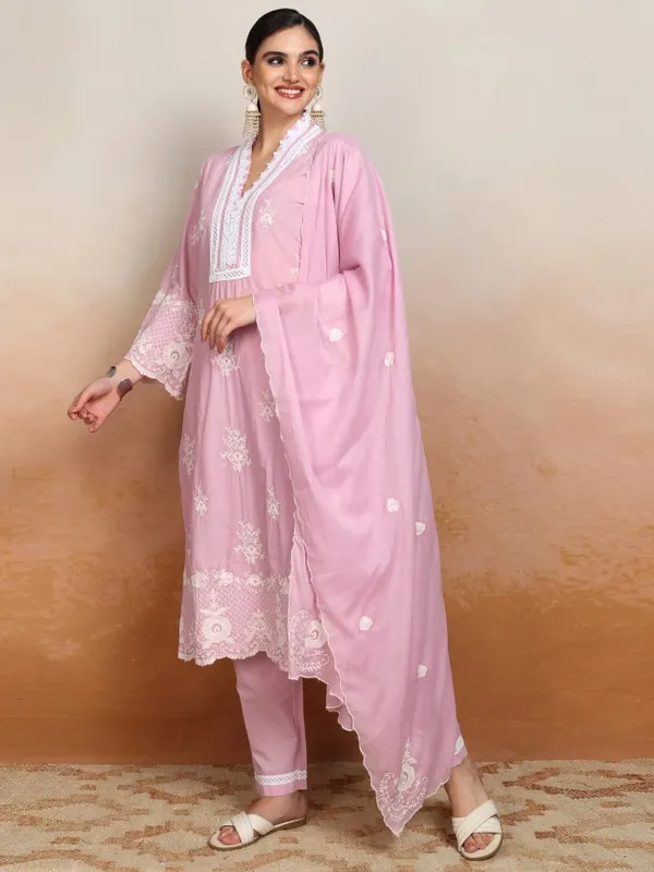 Vishudh Women Pink Embroidered Kurta With Trousers And Dupatta