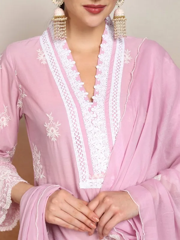 Vishudh Women Pink Embroidered Kurta With Trousers And Dupatta