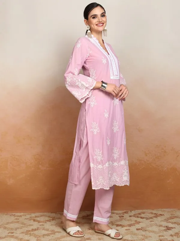Vishudh Women Pink Embroidered Kurta With Trousers And Dupatta
