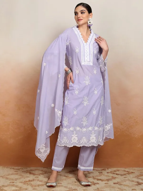 Vishudh Women Purple Embroidered Kurta With Trousers And Dupatta